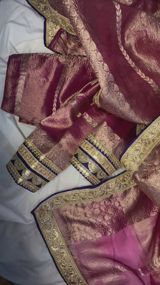 Crushed tissue silk saree and blouse - rose gold - pink and purple