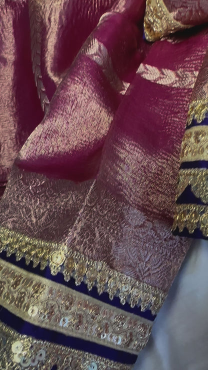 Crushed tissue silk saree and blouse - rose gold - pink and purple