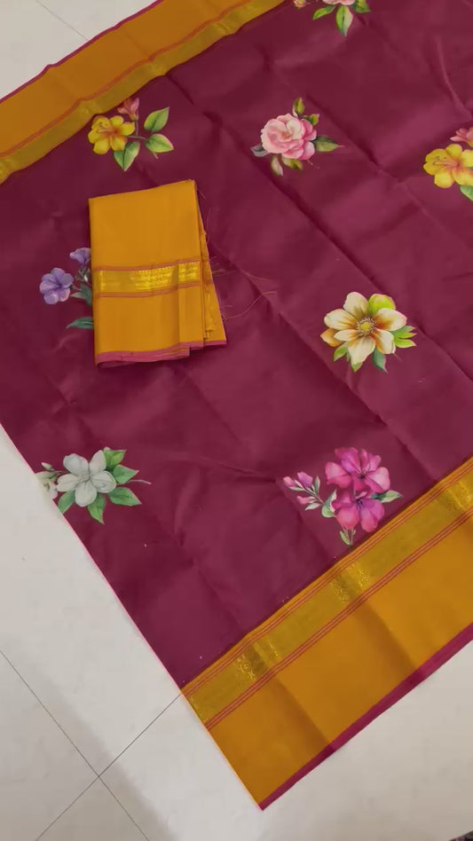 Mandaram – One-of-a-Kind Deep Brown Pure Kanchipuram Silk Saree with Golden Mustard Zari Fish Motifs, Monsoon Hibiscus Floral Print & Striking Red Selvedge (Silk Mark Certified, Woven in Sunguvar Sathiram( Kanchi) Printed in Delhi)