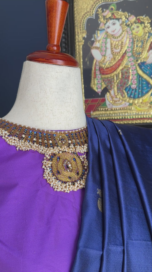 Black silver and gold Saree with peacock motif embroidery embellished with temple jewelry style stone work