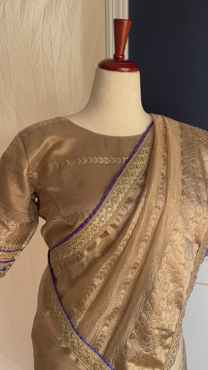 Crushed tissue silk saree and blouse - shimmery gold and lavender