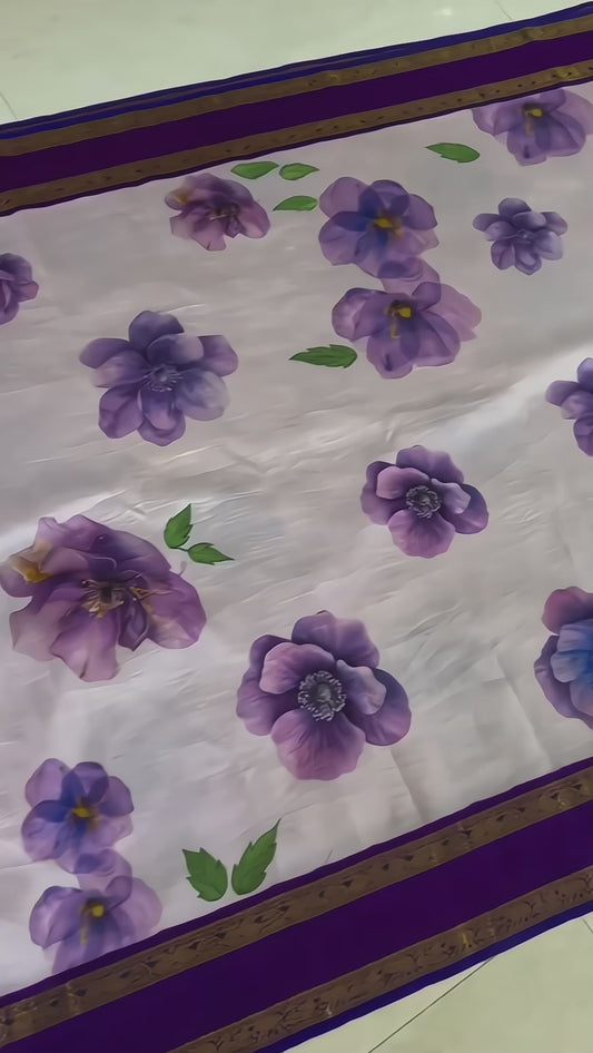 Taruni – Royal Purple Kanchipuram Silk Saree
with Digitally Printed Florals & Pure Silver Zari
A Dreamy Symphony of Silk and Botanical purple blooms