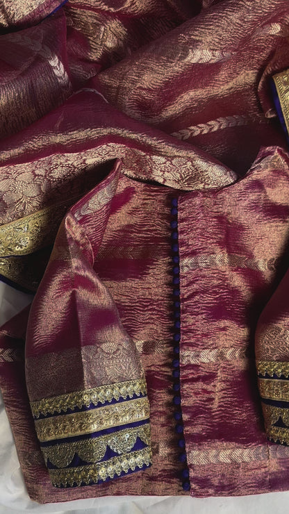 Crushed tissue silk saree and blouse - rose gold - pink and purple