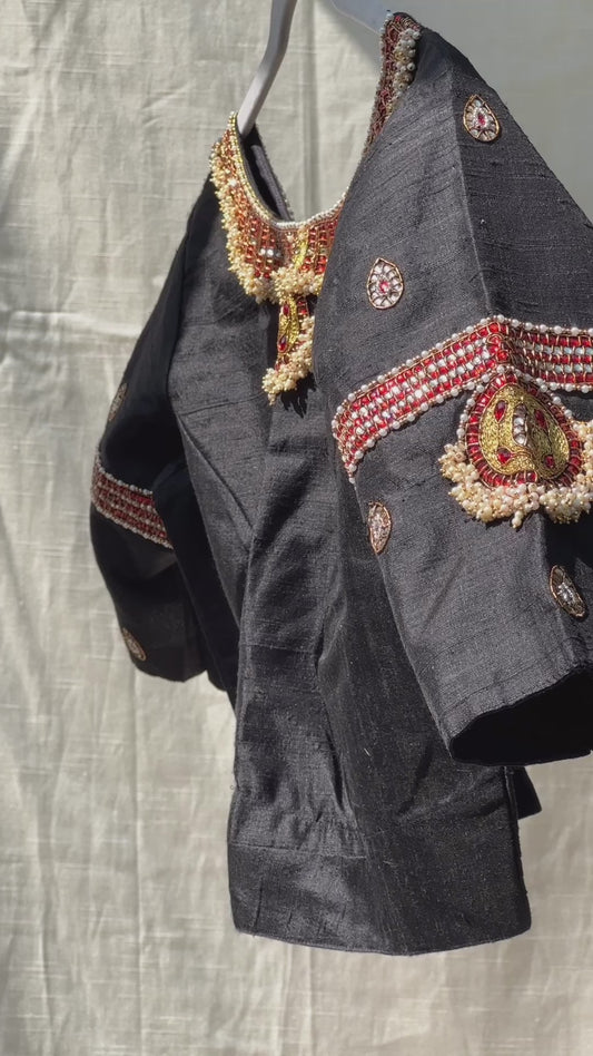 Tanjore Treasure – Black Silk Hand-Embroidered Made-to-Measure Designer Blouse
