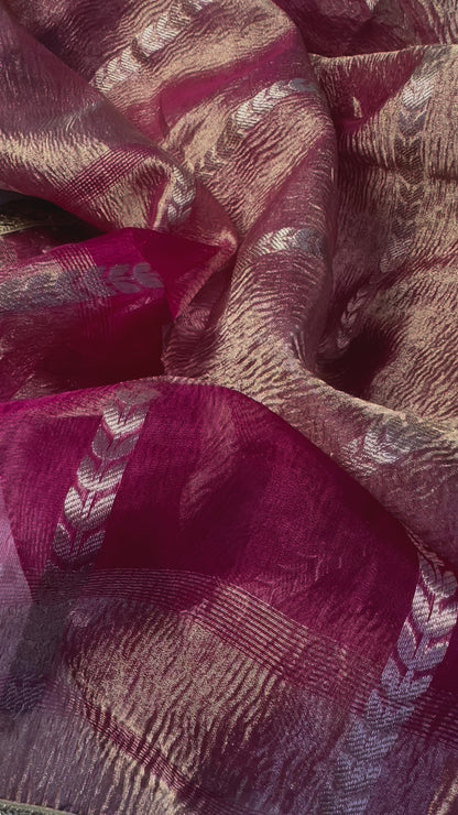 Crushed tissue silk saree and blouse - rose gold - pink and purple