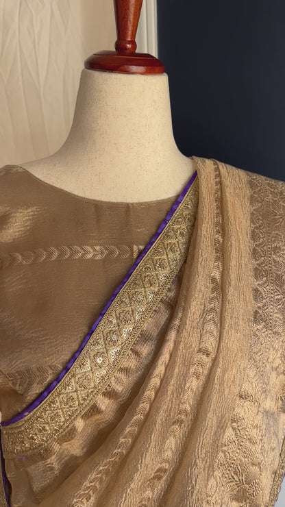 Crushed tissue silk saree and blouse - shimmery gold and lavender