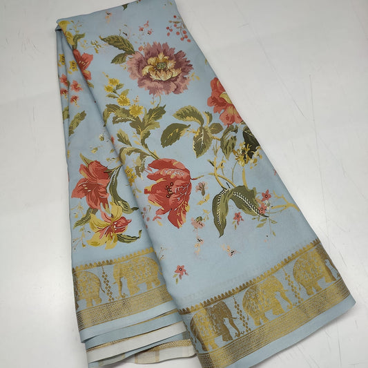 Pastel Bloom Pure Mysore Crepe Silk Saree With Floral Print Elegance