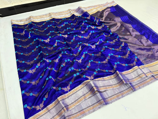 Folded view of Prussian Blue Pure Silk Chanderi Saree with Gleam Border