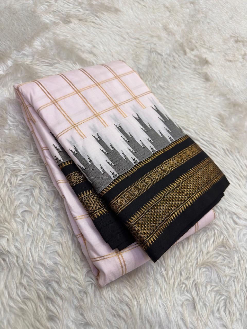 Lightweight Silk Mark Certified Kanchi Kattam Silk Saree with Thazampoo Reku Border