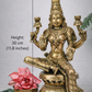 Pure brass seated Lakshmi statue with intricate carvings, front view with 30 cm (11.8 inches) height dimension marking, studio background.