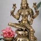 Pure brass seated Lakshmi statue 30 cm height, detailed front view with lotus pedestal, styled with floral decor.