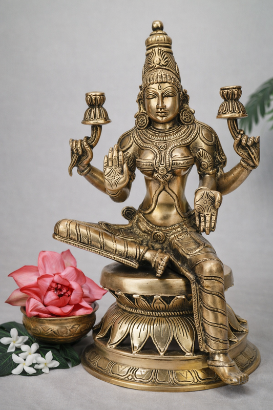 Pure brass seated Lakshmi statue 30 cm height, detailed front view with lotus pedestal, styled with floral decor.