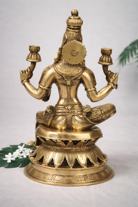 Back view of pure brass Lakshmi statue, 30 cm height, showcasing intricate rear crown detailing and sculpted back carvings.