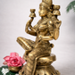 Side profile of 30 cm pure brass Lakshmi statue showing detailed arm lamps, ornate jewelry carvings and lotus base.