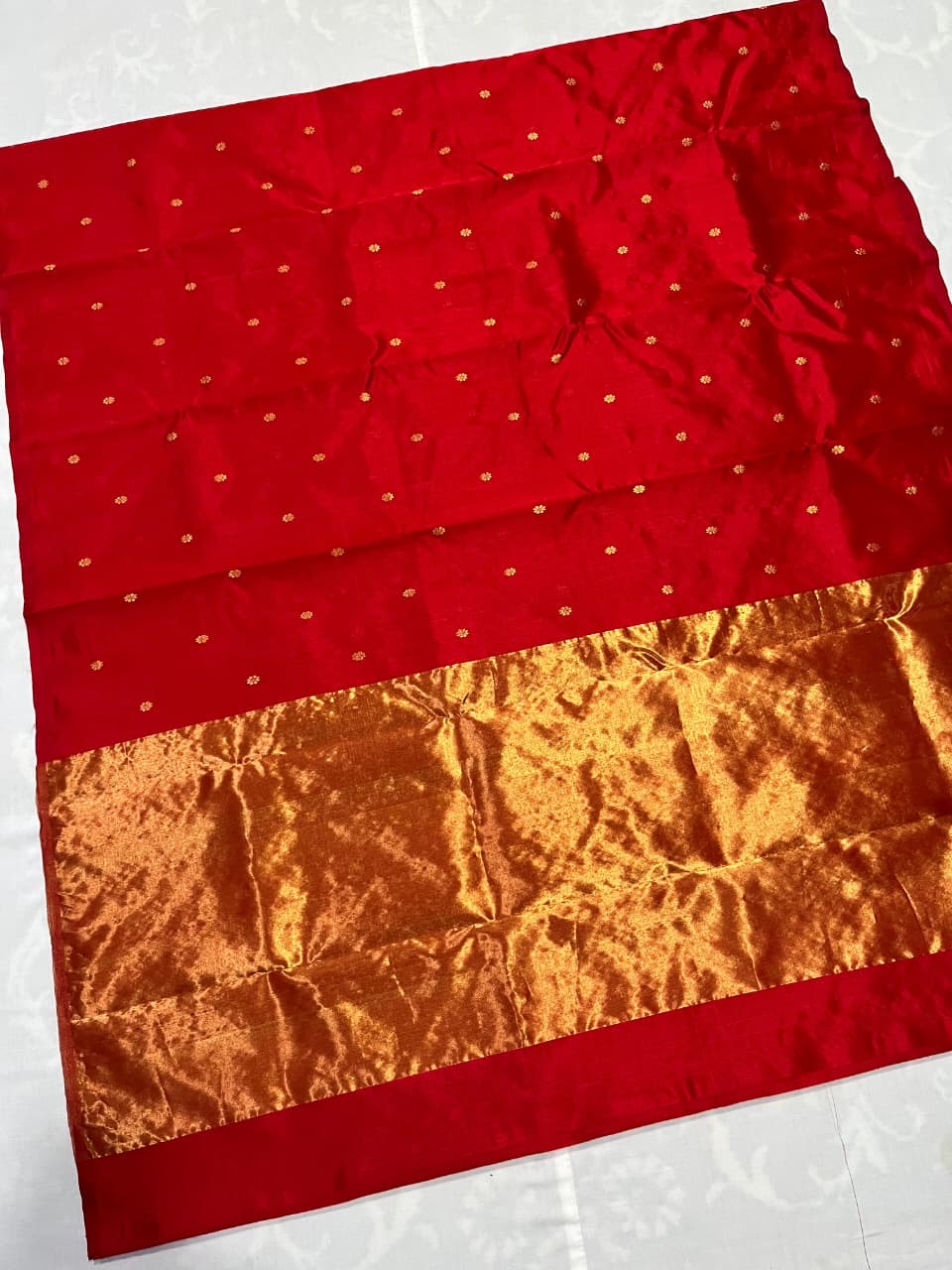 True Red Pure Silk Chanderi Saree with Floral Butta and Traditional Zari