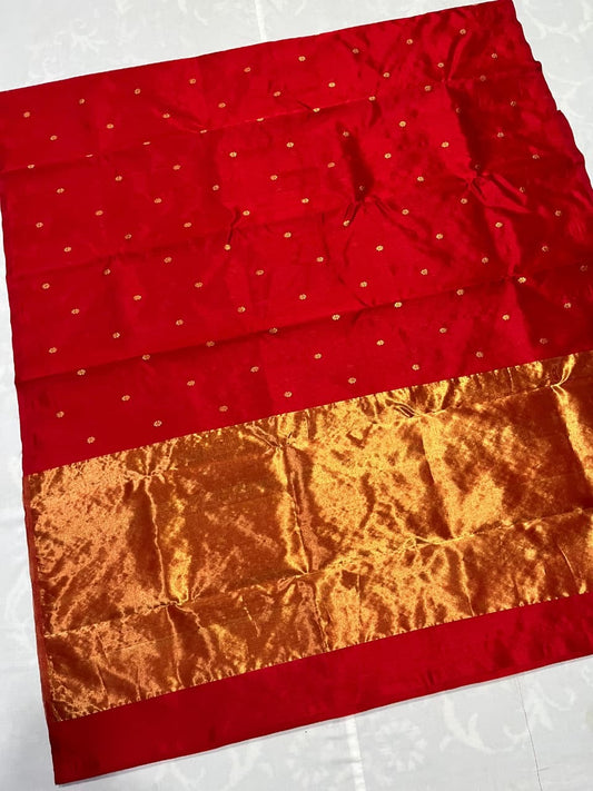 True Red Pure Silk Chanderi Saree with Floral Butta and Traditional Zari