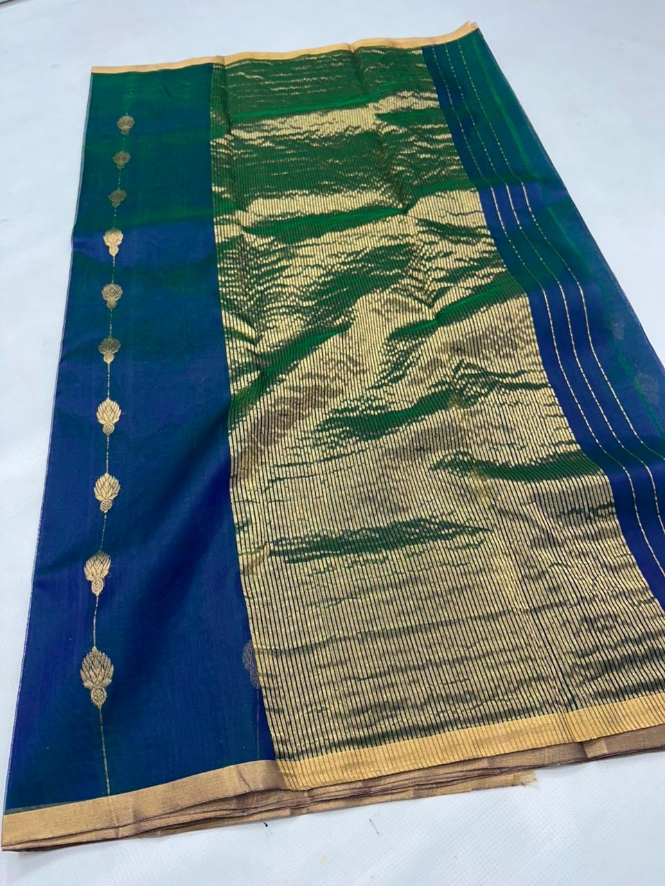 Pure silk Chanderi tissue saree in green blue with soft glow and refined texture