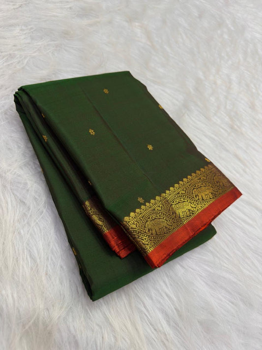 Forest Green Handwoven Pure Silk Kanjeevaram Saree with Small Gold Buttas & Petite Zari Elephant Border