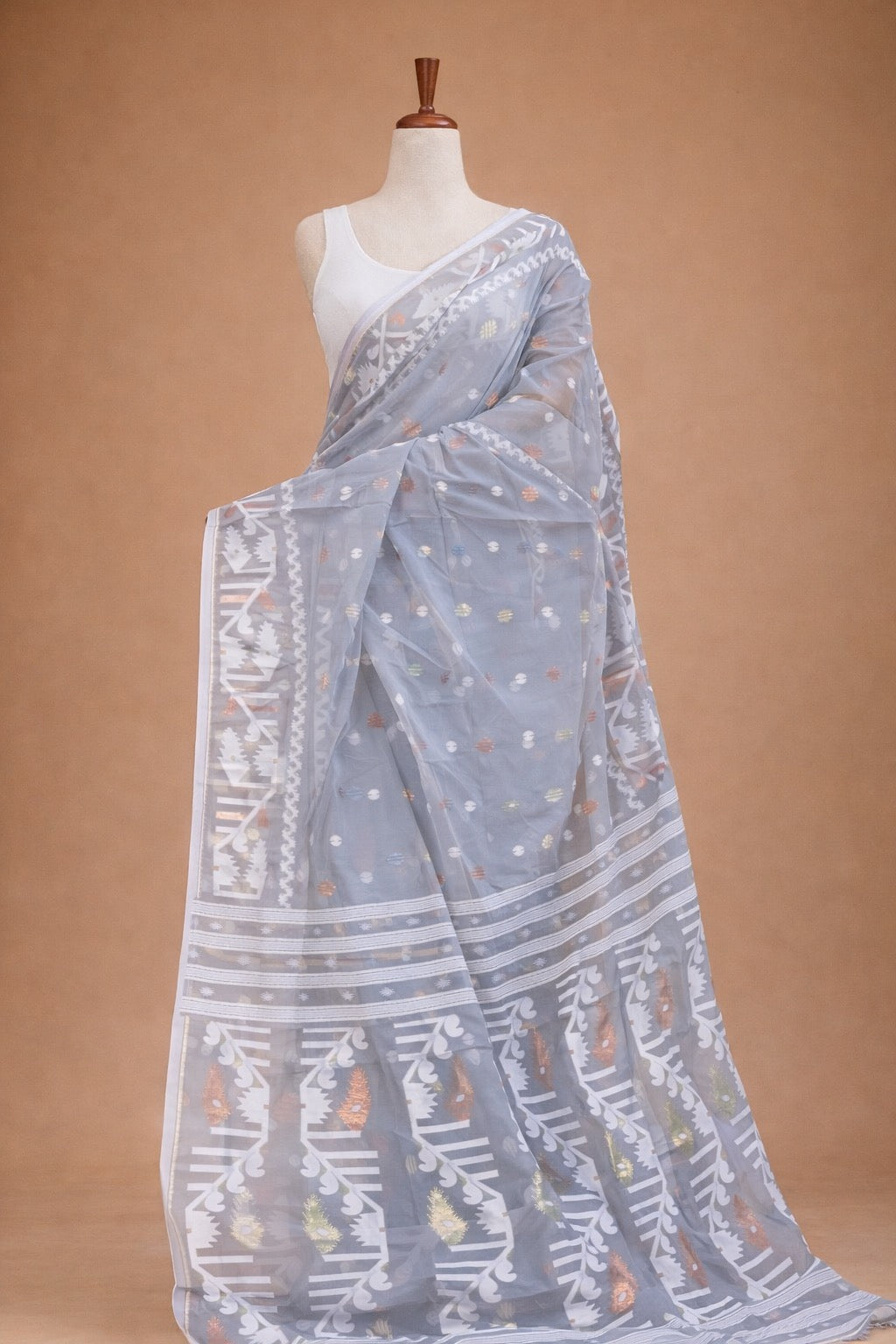 Pure Jamdani Cotton Silk Saree Off White and Grey Handloom Bengal Weave with Woven Buttas