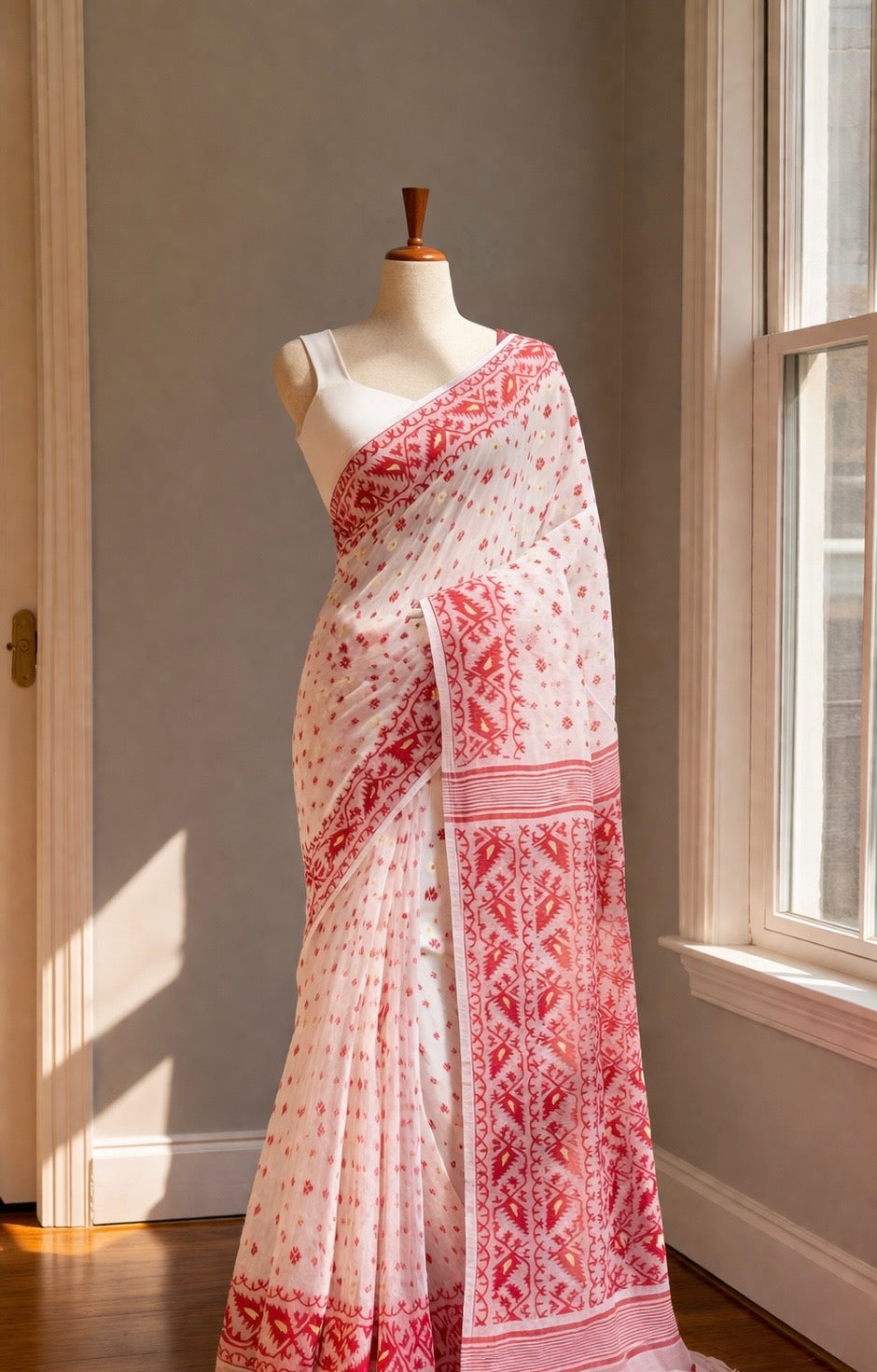 off white red jamdani cotton silk saree folded view with woven border detail