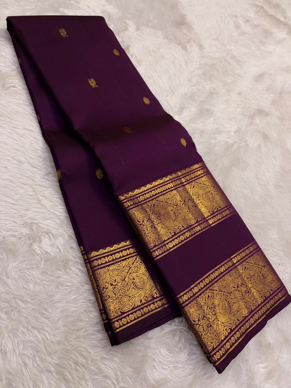 Jewel Purple and Antique Gold Handwoven Pure Silk Kanchipuram Saree with Rettapet Border and Mayil Chakram Butta