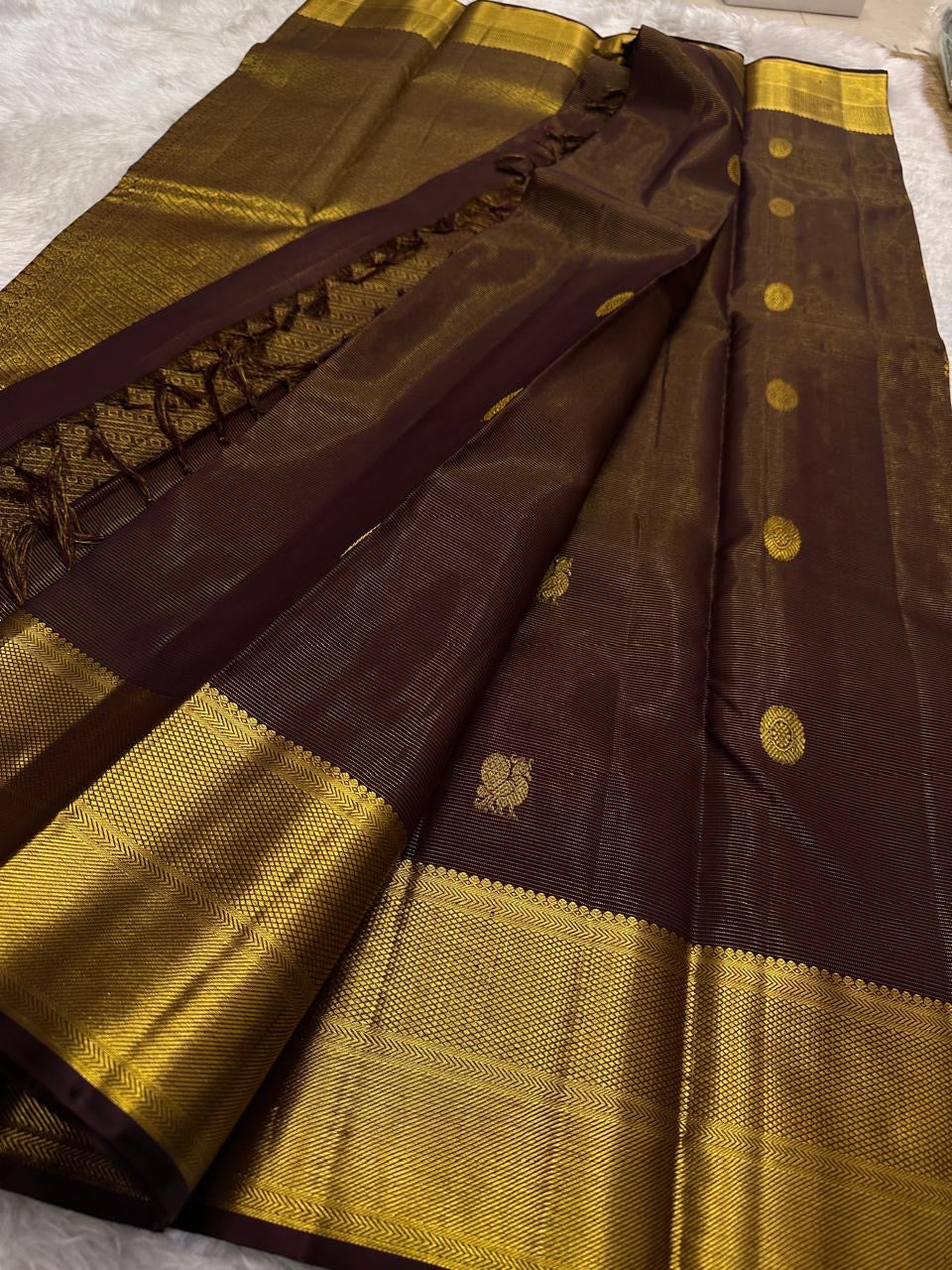 Deep Mahogany Brown and Antique Gold Handwoven Pure Silk Kanchipuram Saree with Vairaoosi and Mayil Chakram Butta