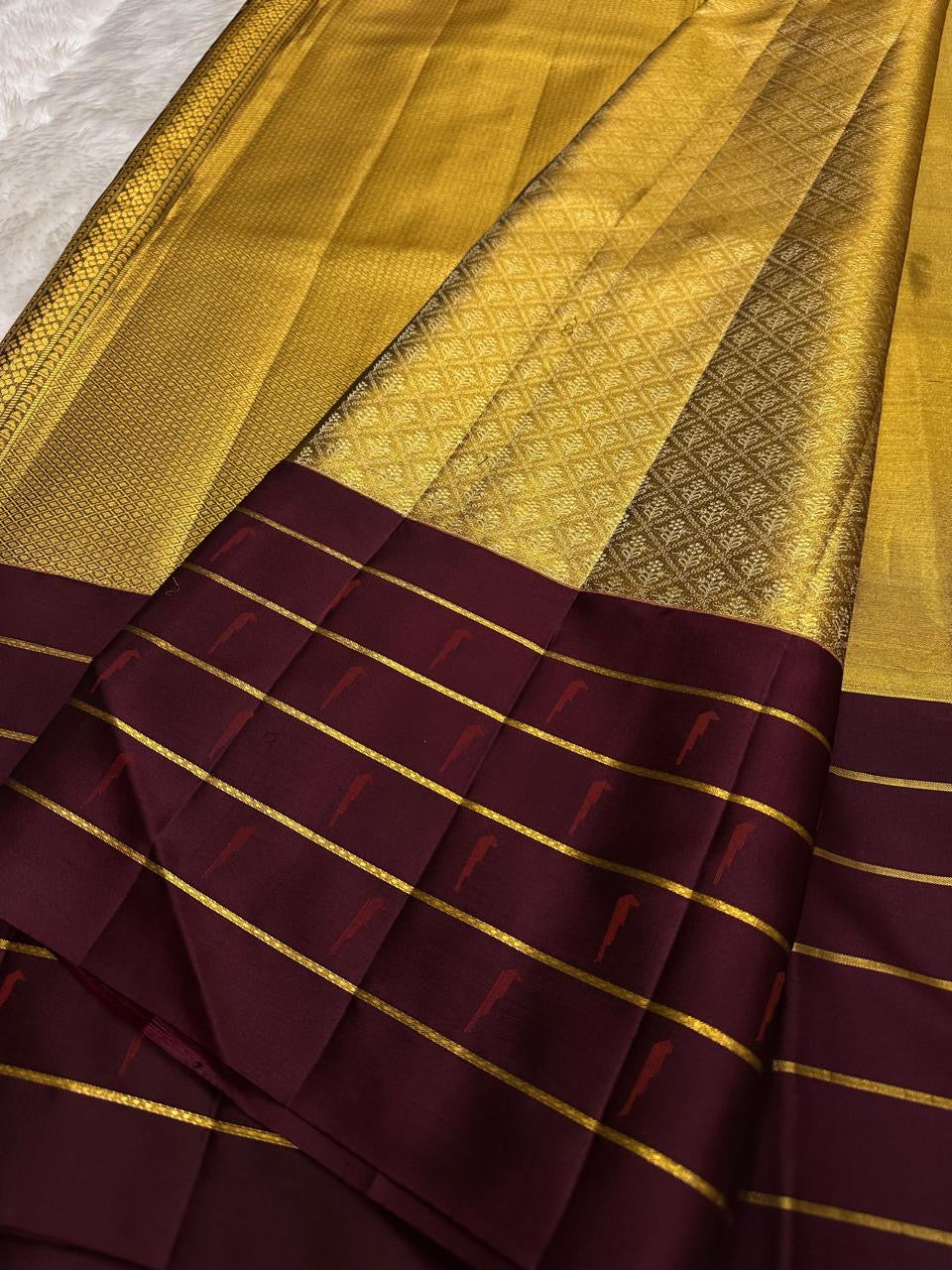 Muted Gold and Deep Plum Handwoven Pure Silk Kanchipattu Saree with Korvai Border