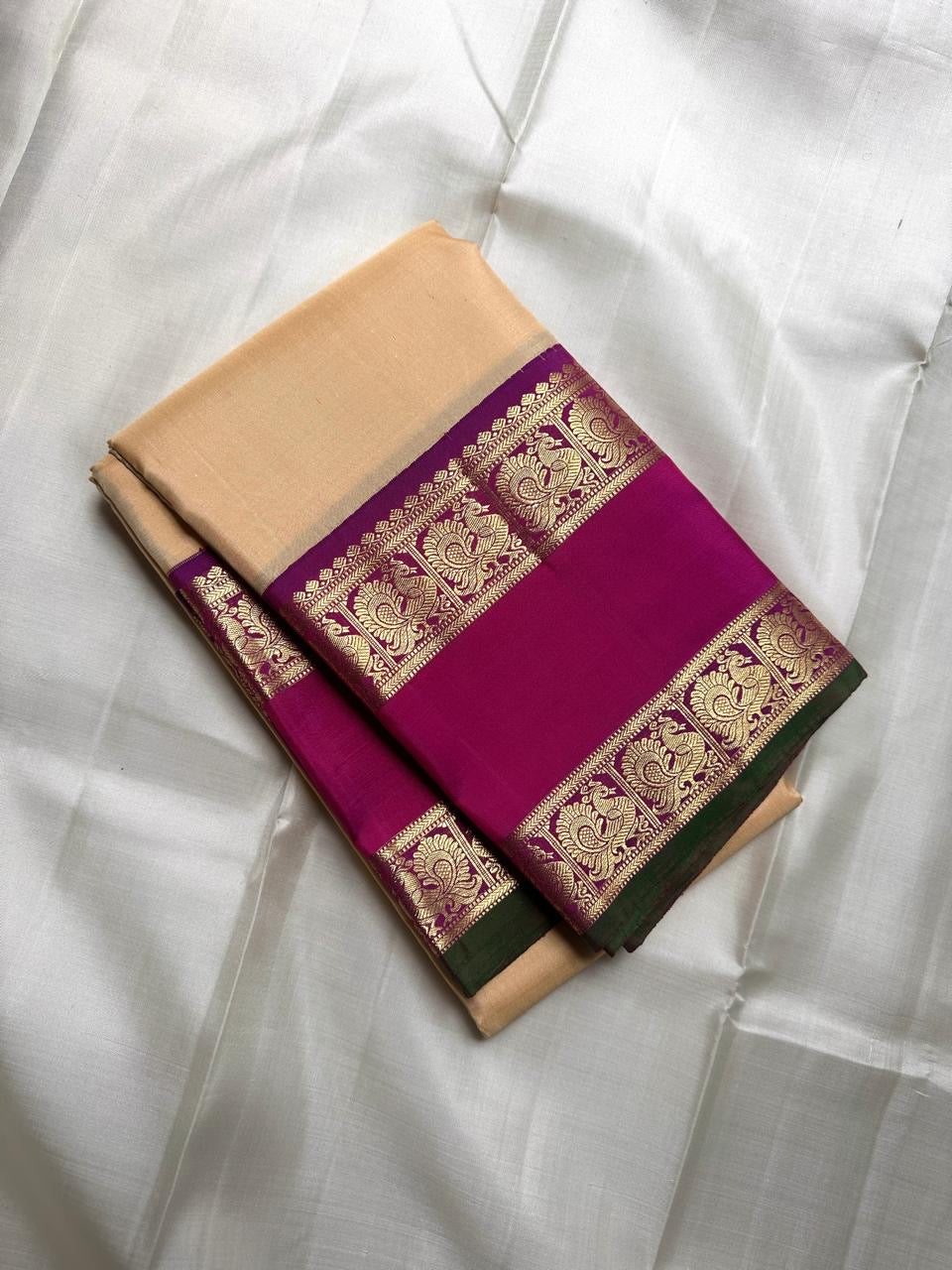 Pure Kancheepuram silk saree with manthulir green selvedge detail — warm ivory beige — Idam Living