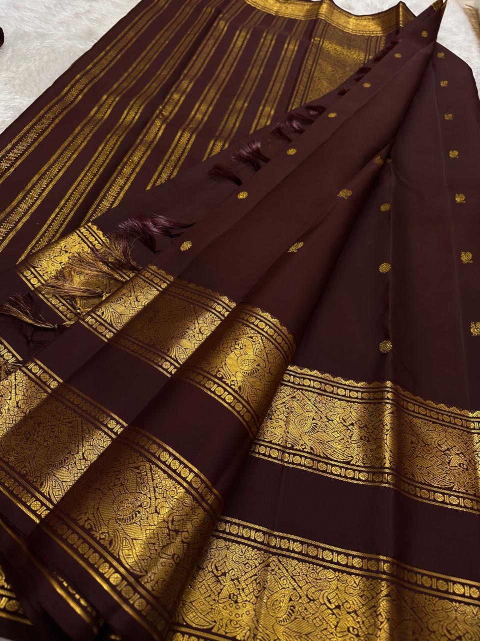 Espresso Brown and Antique Gold Handwoven Pure Silk Kanjivaram Saree with Rettapet Border and Mayil Chakram Butta