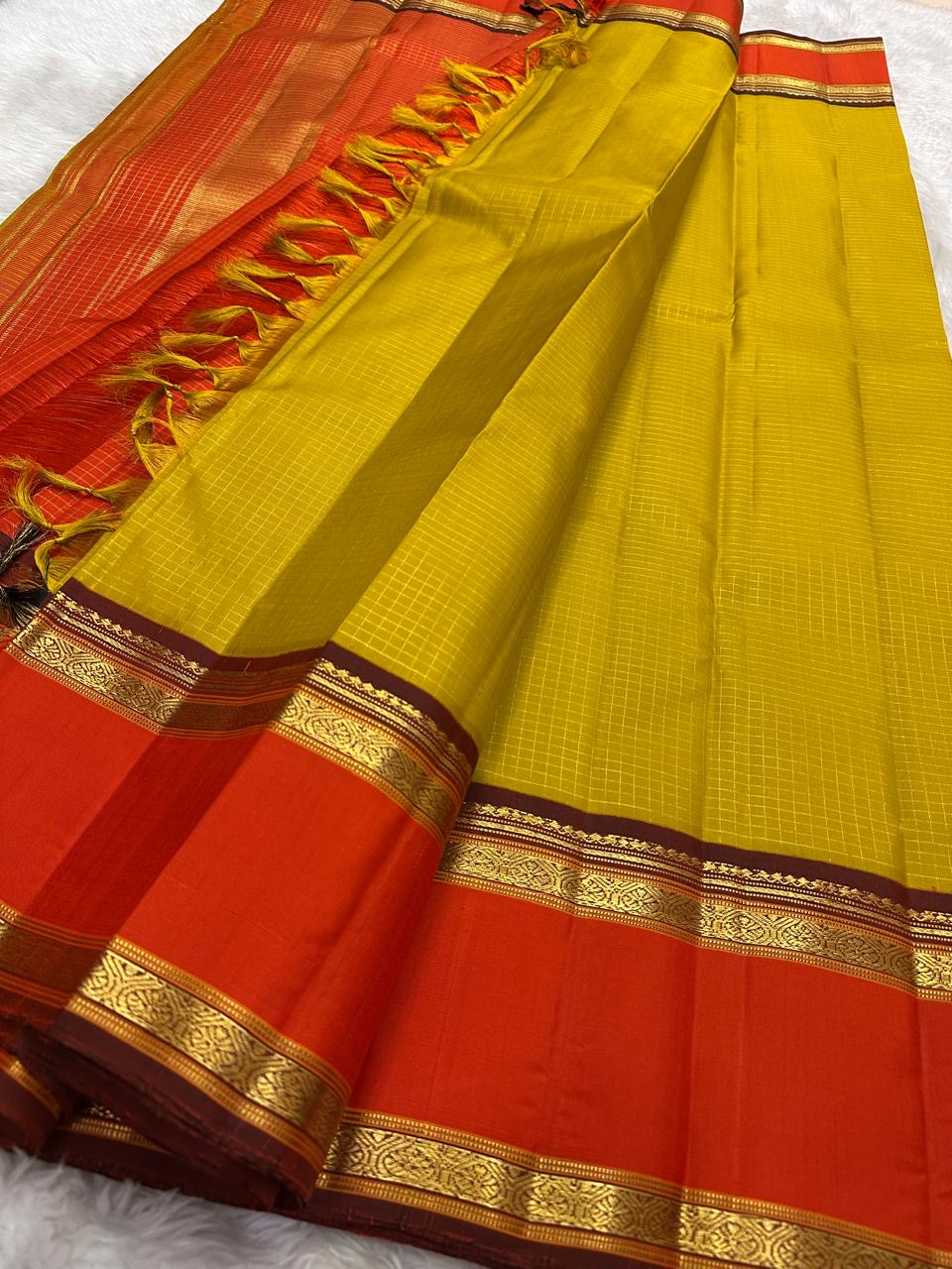 Mango Mustard and Sindhu Orange Handwoven Pure Silk Kanjivaram Saree with Zari Kattam Border