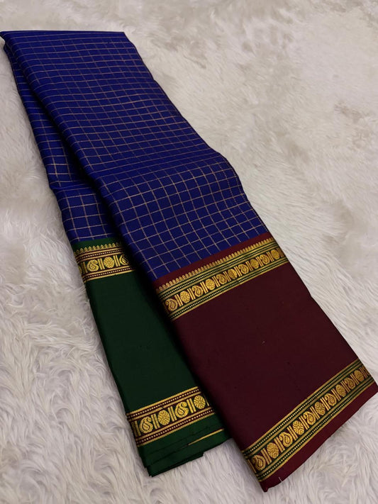 Jewel Blue and Deep Vermillion Handwoven Pure Silk Kanjivaram Saree with Rettapet Border and Zari Kattam
