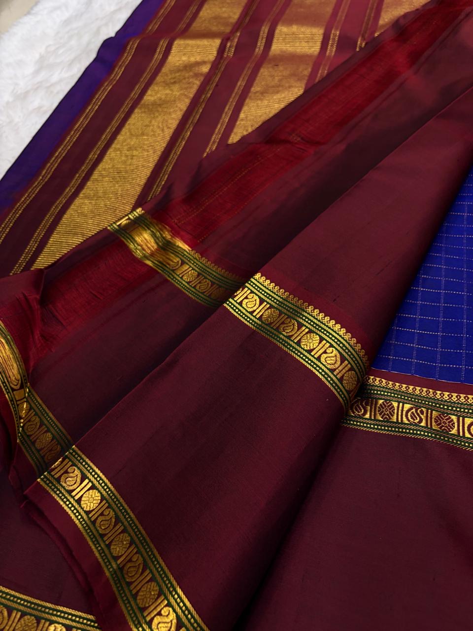Jewel Blue and Deep Vermillion Handwoven Pure Silk Kanjivaram Saree with Rettapet Border and Zari Kattam