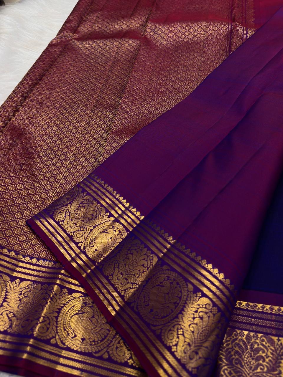 Royal purple Butta saree — raspberry pink border overview