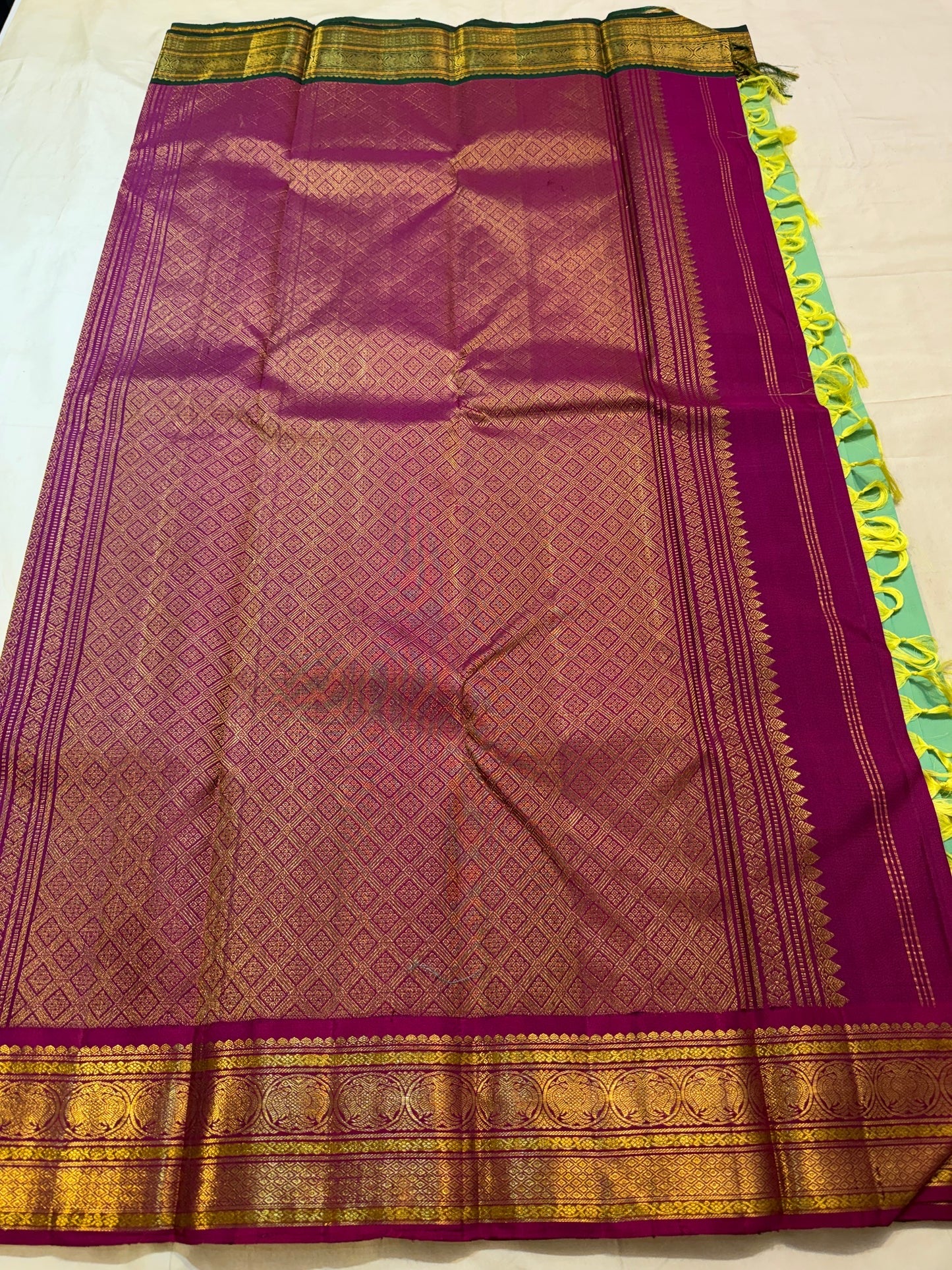 Mint green handwoven pure silk Kanchi Pattu Butta saree, full view — Idam Living