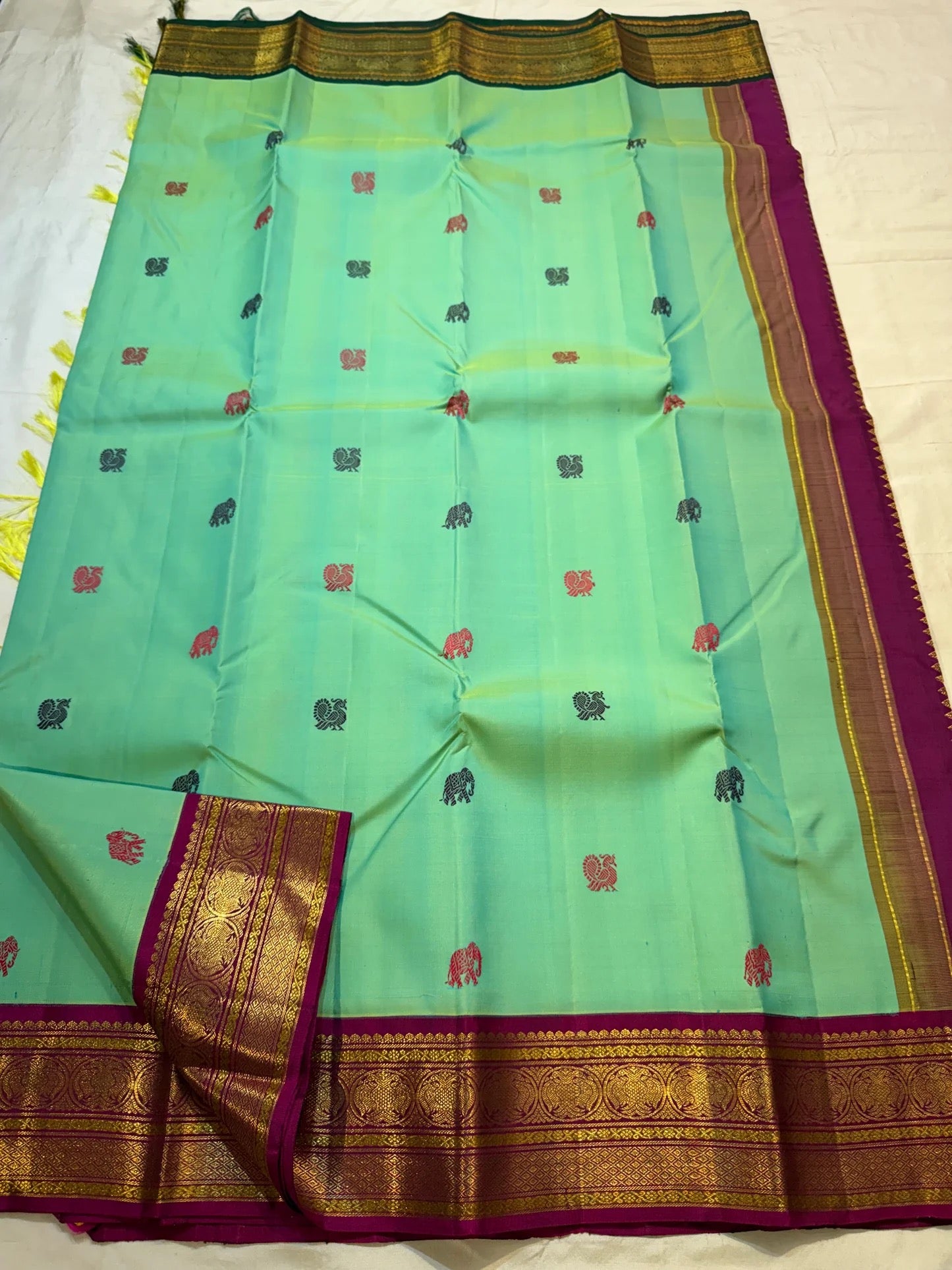 Ganga Jamuna two-tone border detail on mint green Kanchi Pattu saree