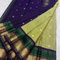 Emerald green and aubergine-purple Vanasringaram peacock border on sage olive green KanchiPattu saree