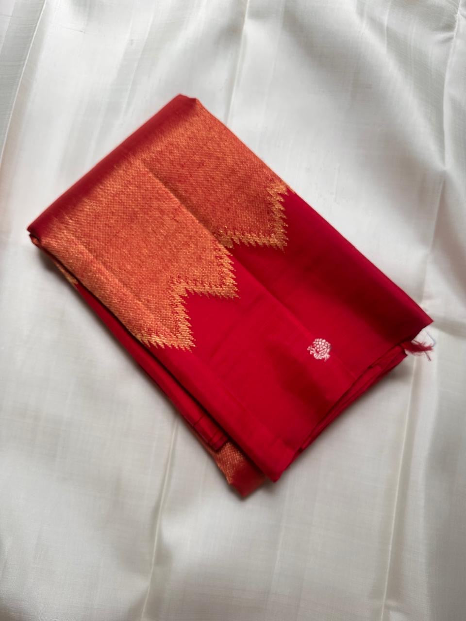 Pillar-Box Red Handwoven Pure Silk Kanchipuram Saree with Butta Gold Zari Motif
