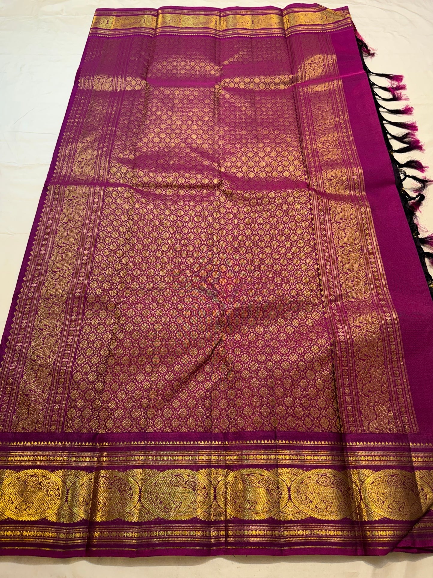 Deep aubergine handwoven pure silk KanchiPattu Korvai saree, full view — Idam Living