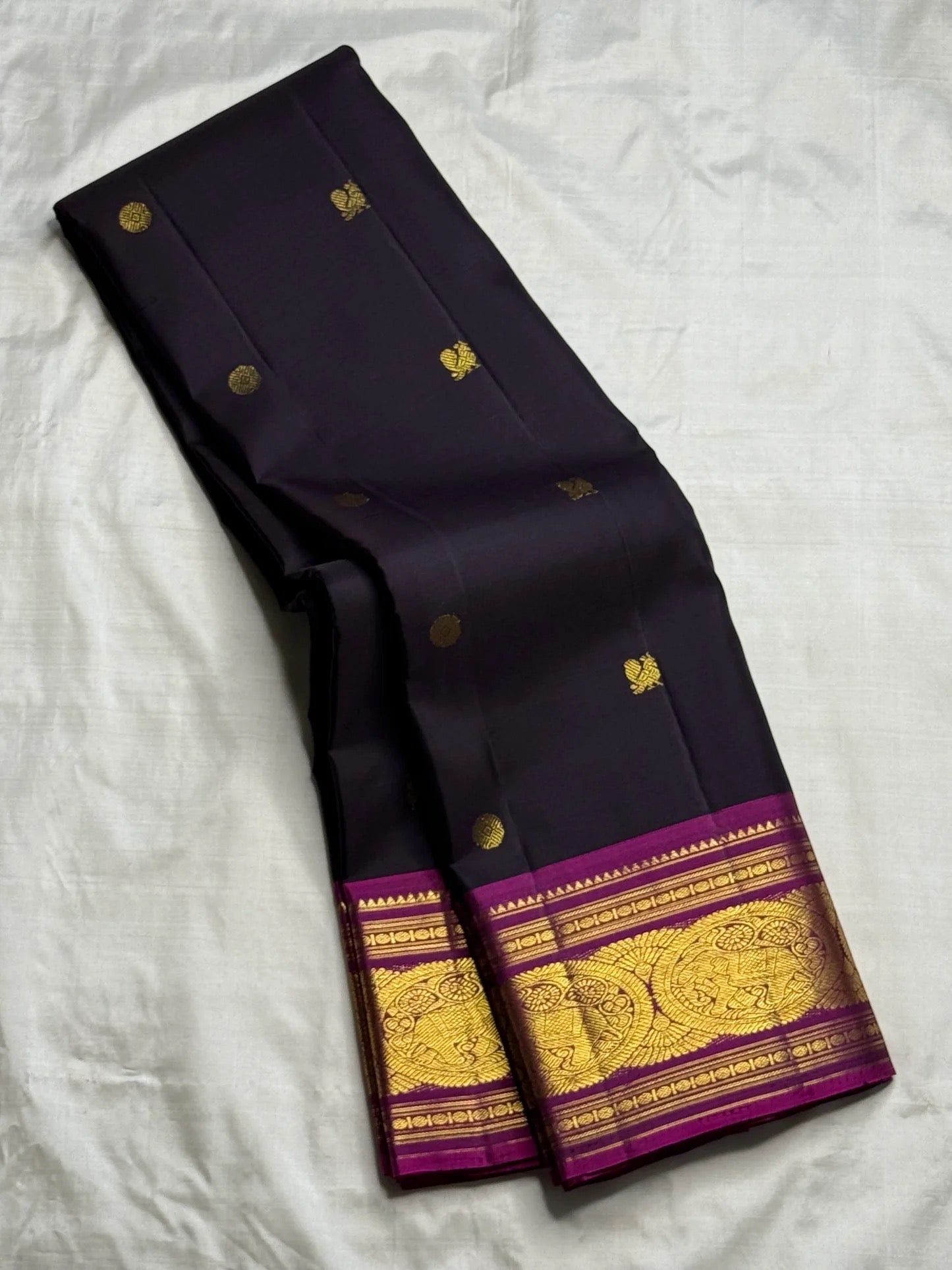 Deep aubergine KanchiPattu Korvai saree folded view — Idam Living