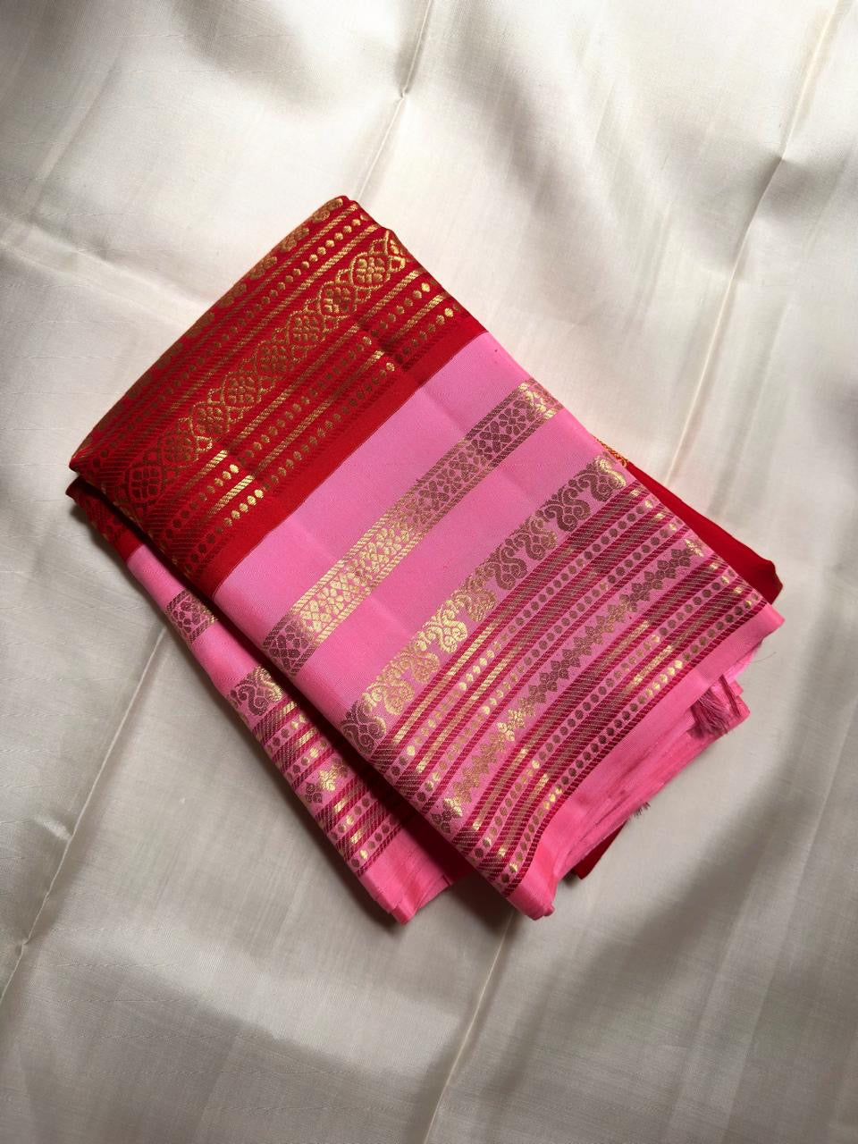 Pink handwoven pure silk Kanjeevaram Korvai saree, full view — Idam Living