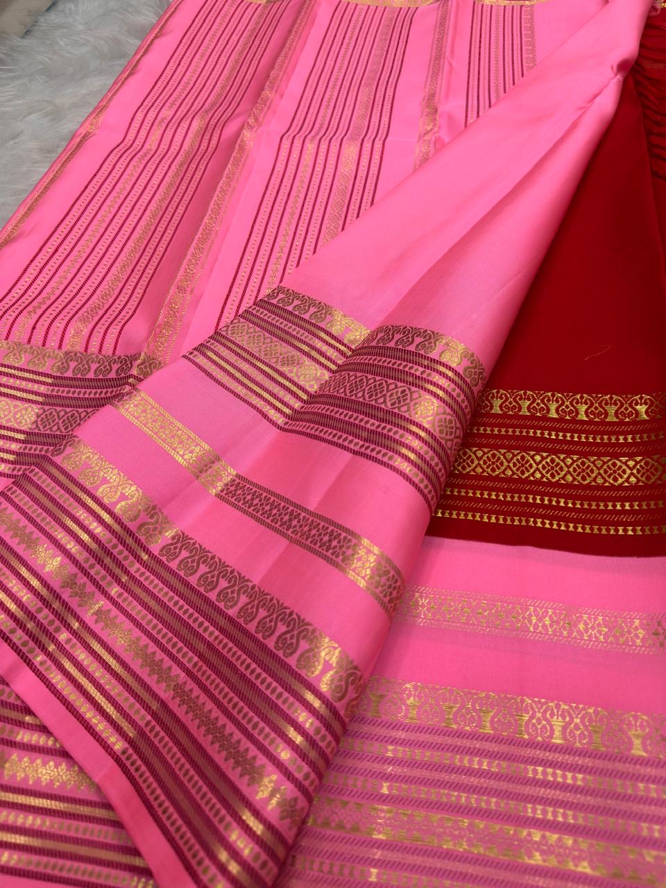 Body close-up of pink Kanjeevaram Korvai saree in pure mulberry silk