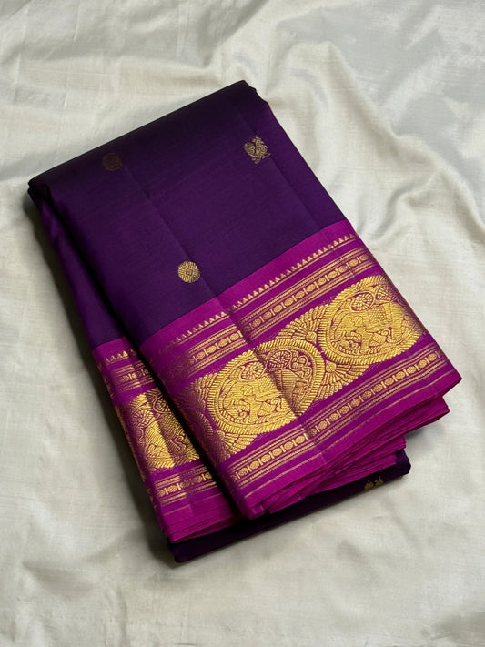 Royal purple handwoven pure silk Kanjipuram Korvai saree, full view — Idam Living