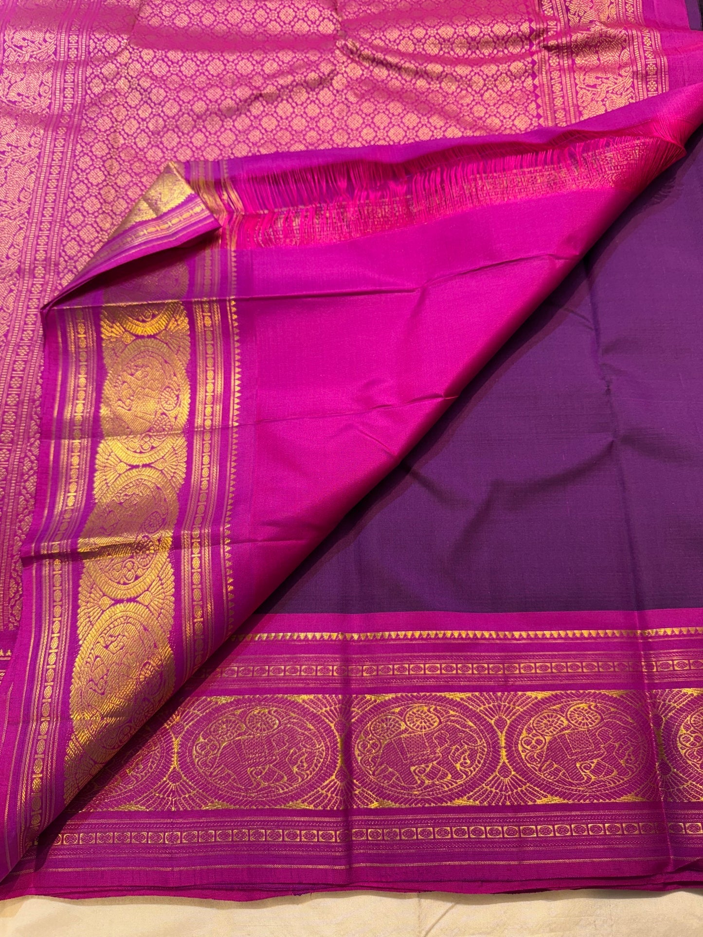 Royal purple Kanjipuram Korvai saree folded view — Idam Living