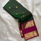 Deep forest green handwoven pure silk Kanjeevaram Rettapet saree, full view — Idam Living