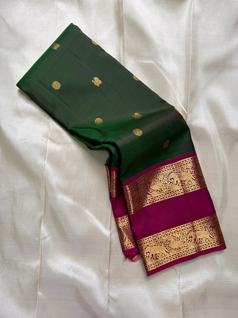 Deep forest green handwoven pure silk Kanjeevaram Rettapet saree, full view — Idam Living