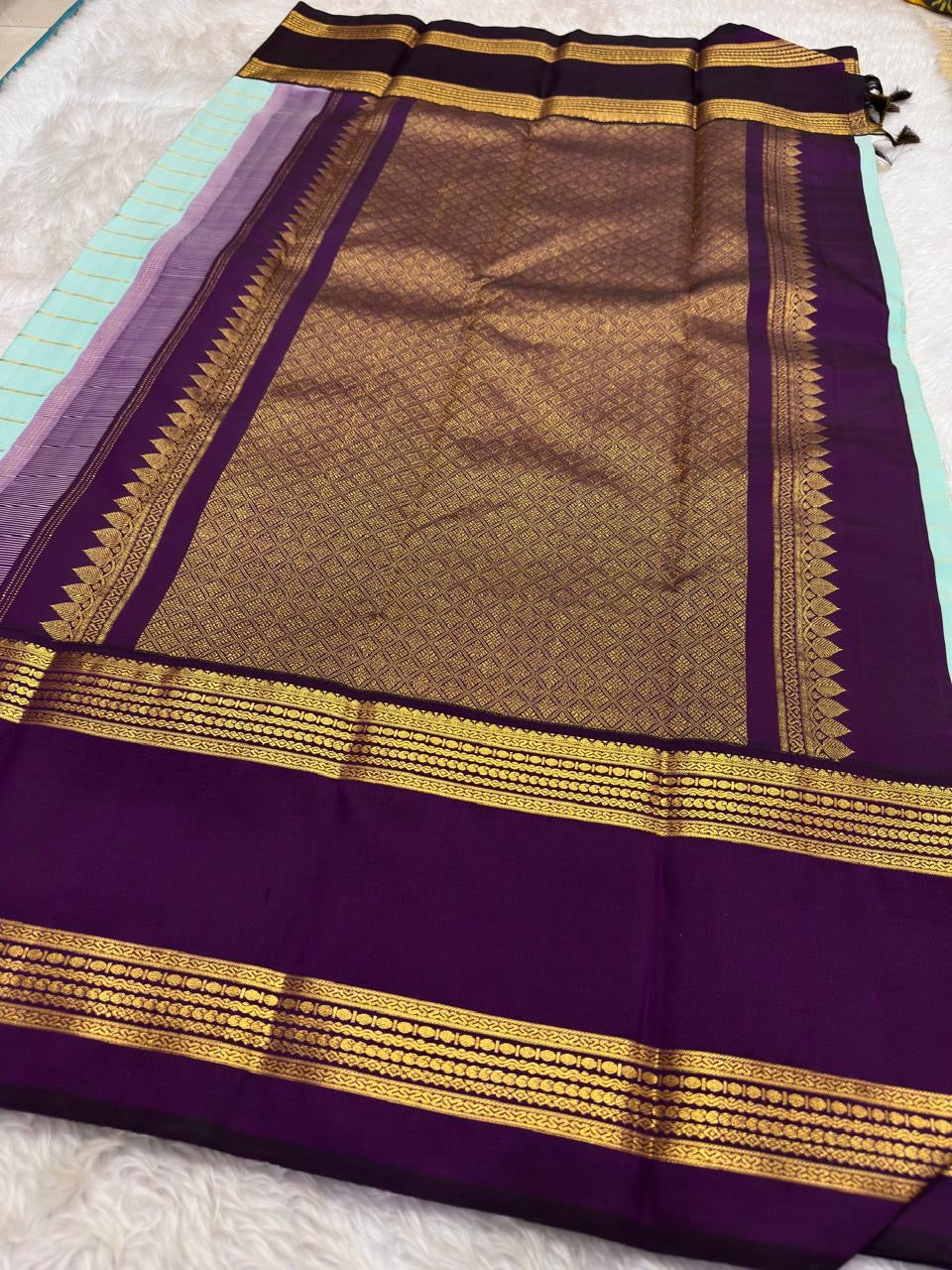 Fresh Aqua Blue pure silk KanchiPattu saree, Rettapet weave with Deep Aubergine border — border detail