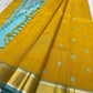 Robin egg blue thick zari border on Golden Turmeric Kancheepuram silk saree