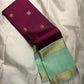 Raspberry Magenta pure silk Kanchipuram saree, Rettapet weave with Pastel Aqua Mint border — weave texture detail