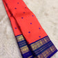 Pure Kanchipuram silk saree with silk thread butta in coral orange – body weave detail