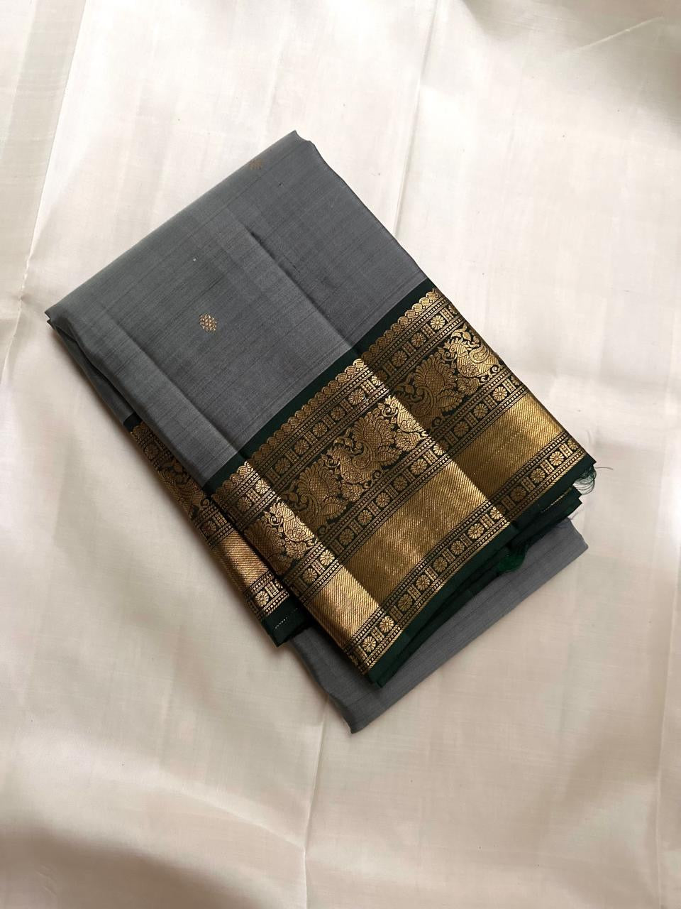 Slate Grey pure silk Kanjivaram saree, Butta weave with Deep Green border — full drape view